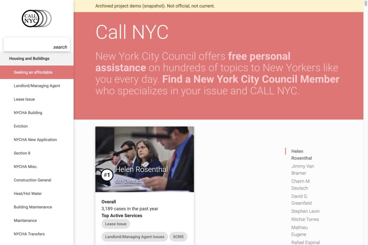 Archived CallNYC prototype showing issue navigation, resident guidance, and a Council member service profile.