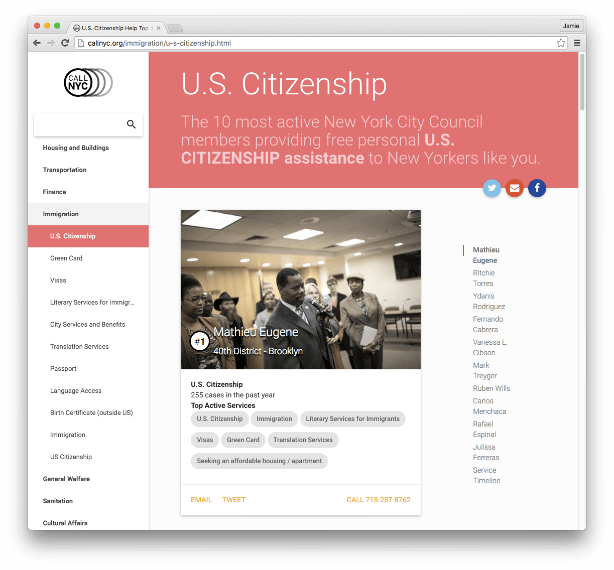 Original CallNYC launch interface showing U.S. citizenship guidance, issue navigation, and a Council member service profile.