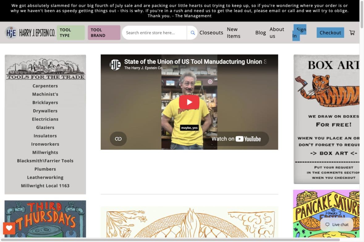 Harry J. Epstein Company storefront showing product search, editorial artwork, video, navigation, and commerce controls.