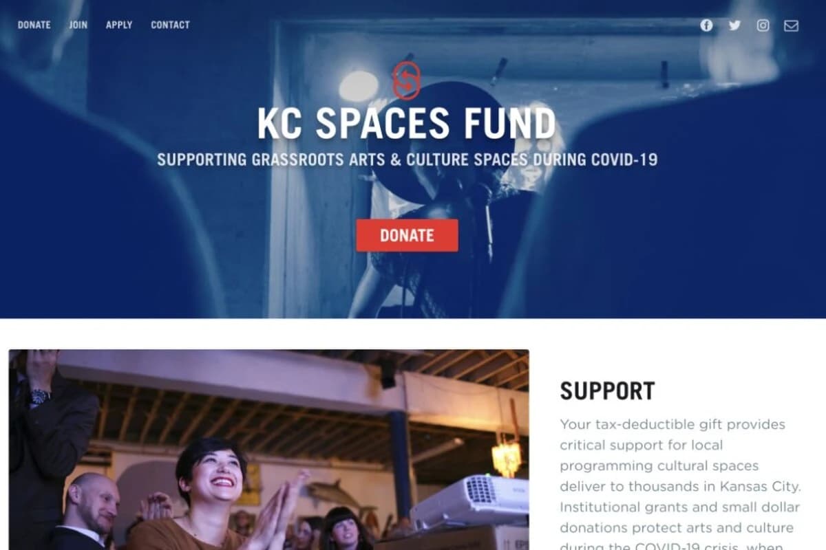 KC Spaces Fund website showing its cultural-space support message, donation route, navigation, and support section.