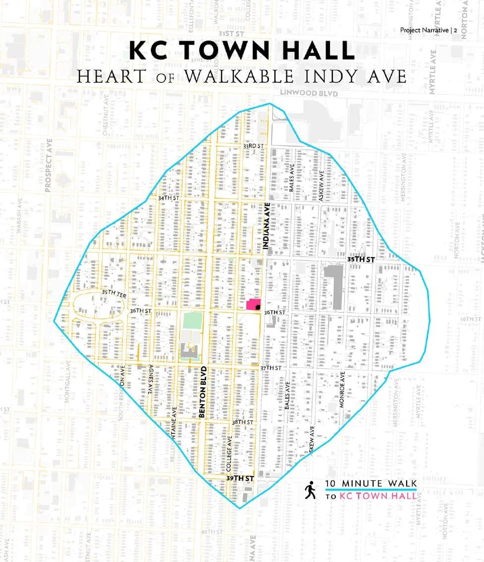 KC Town Hall proposal map showing a ten-minute walking area around the project location.