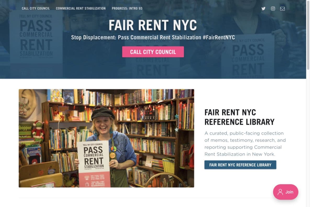 FairRentNYC campaign homepage with Commercial Rent Stabilization call to action and public reference library.